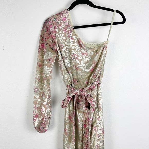 Hemant and Nandita Nina One Shoulder Floral Velvet Dress XS Cream Green Cocktail - Picture 3 of 10